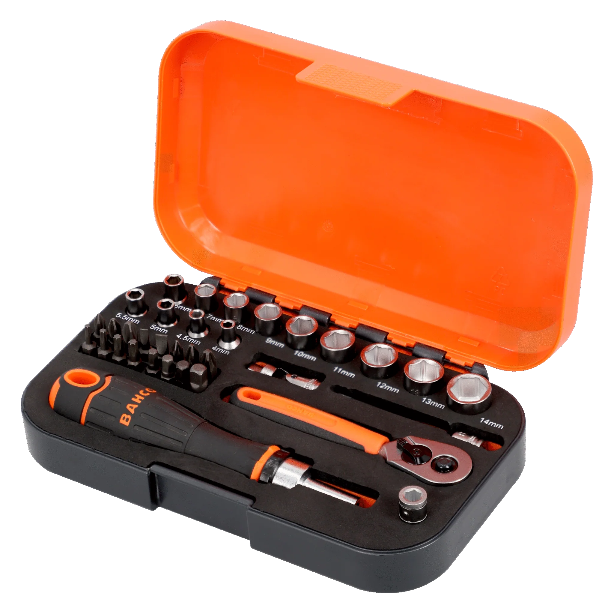 Bahco 1/4" Square Drive Socket and Bit Set with Metric Hex Profile and Ratcheting Bit Holder - 34 Pcs S34MC8H - Image 4