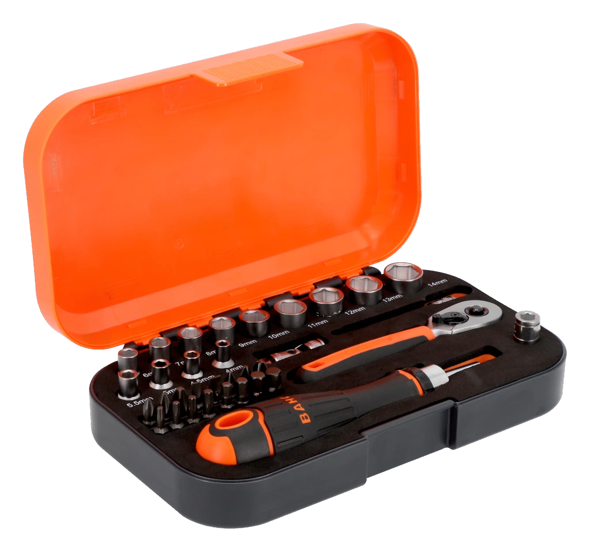 Bahco 1/4" Square Drive Socket and Bit Set with Metric Hex Profile and Ratcheting Bit Holder - 34 Pcs S34MC8H - Image 6