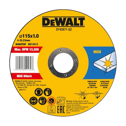 Dewalt HIGH PERFORMANCE BONDED DISC THIN FAST CUT (10 X TIN) 115MM X 1.0MM X 22.23MM - DT43971-QZ