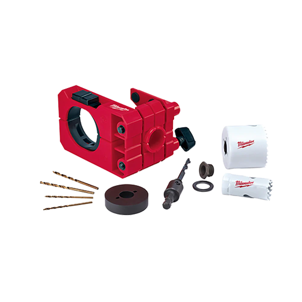 Milwaukee Door Lock Installation Kit
Door lock guide, 25mm Holesaw, 54mm Holesaw, Arbor and pilot bit assembly, 2 x 3/32 Drill bits, 2 x 1/8" Drill bits, Hole Saw Thread Adapter and Spacer, Depth Stop Insert.  - 49224073