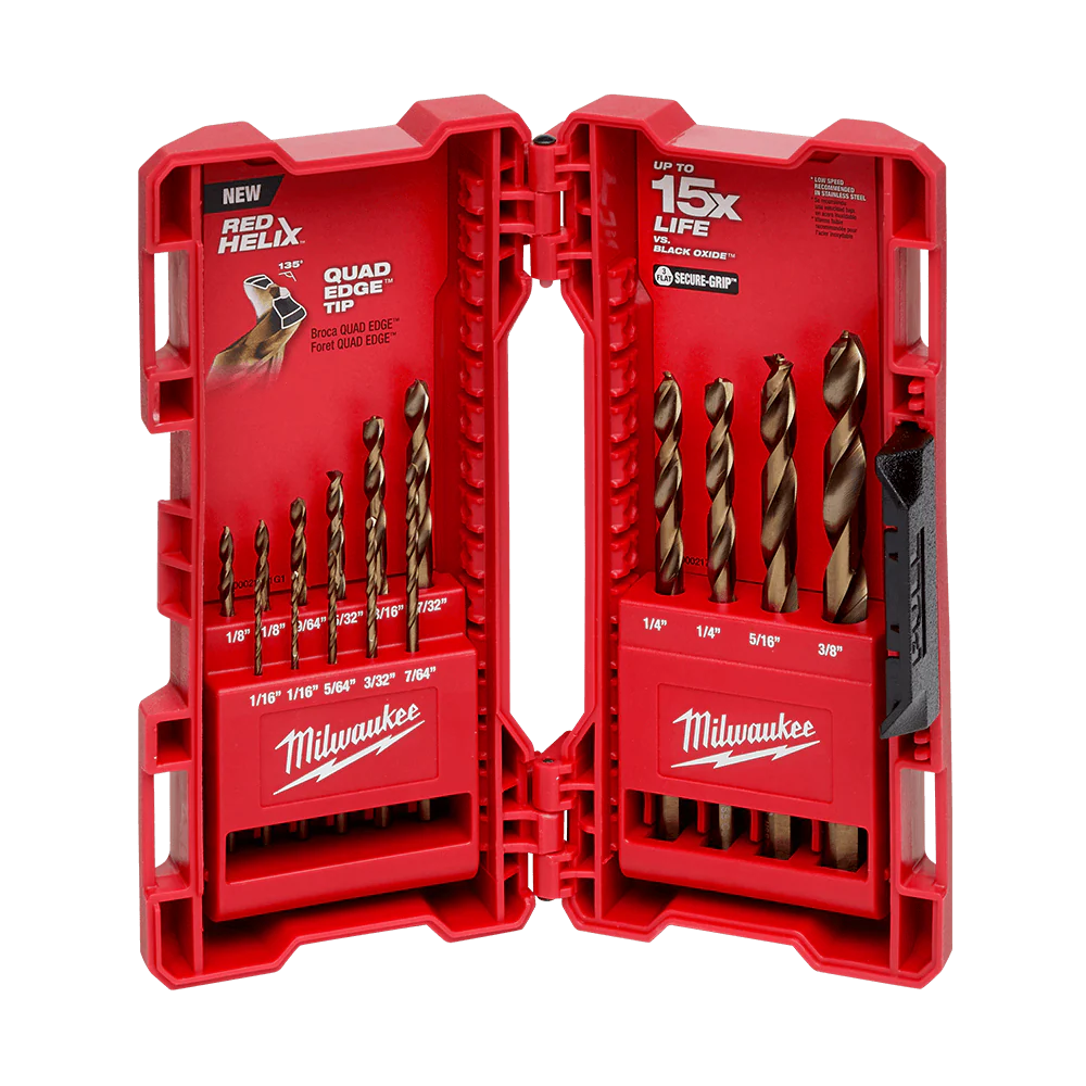 Milwaukee Red Helix ™ Cobalt Imperial Drill Bit 15Pc Kit
2 x 1/16", 1 x it 5/64", 1 x 3/32", 1 x7/64", 2 x 1/8", 1 x 9/64", 1 x 5/32", 1 x 3/16", 1 x 7/32", 2 x 1/4", 1 x 5/16" , 1 x 3/8" - 48892340