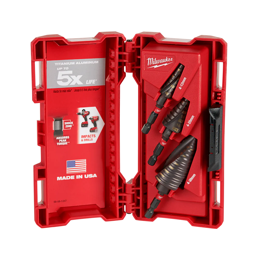 Milwaukee SHOCKWAVE™ Step Drill Set
(1) 4-12mm 9 Hole, (1) 4-20mm 9 Hole, (1) 4-30mm 12 Hole - 48899266